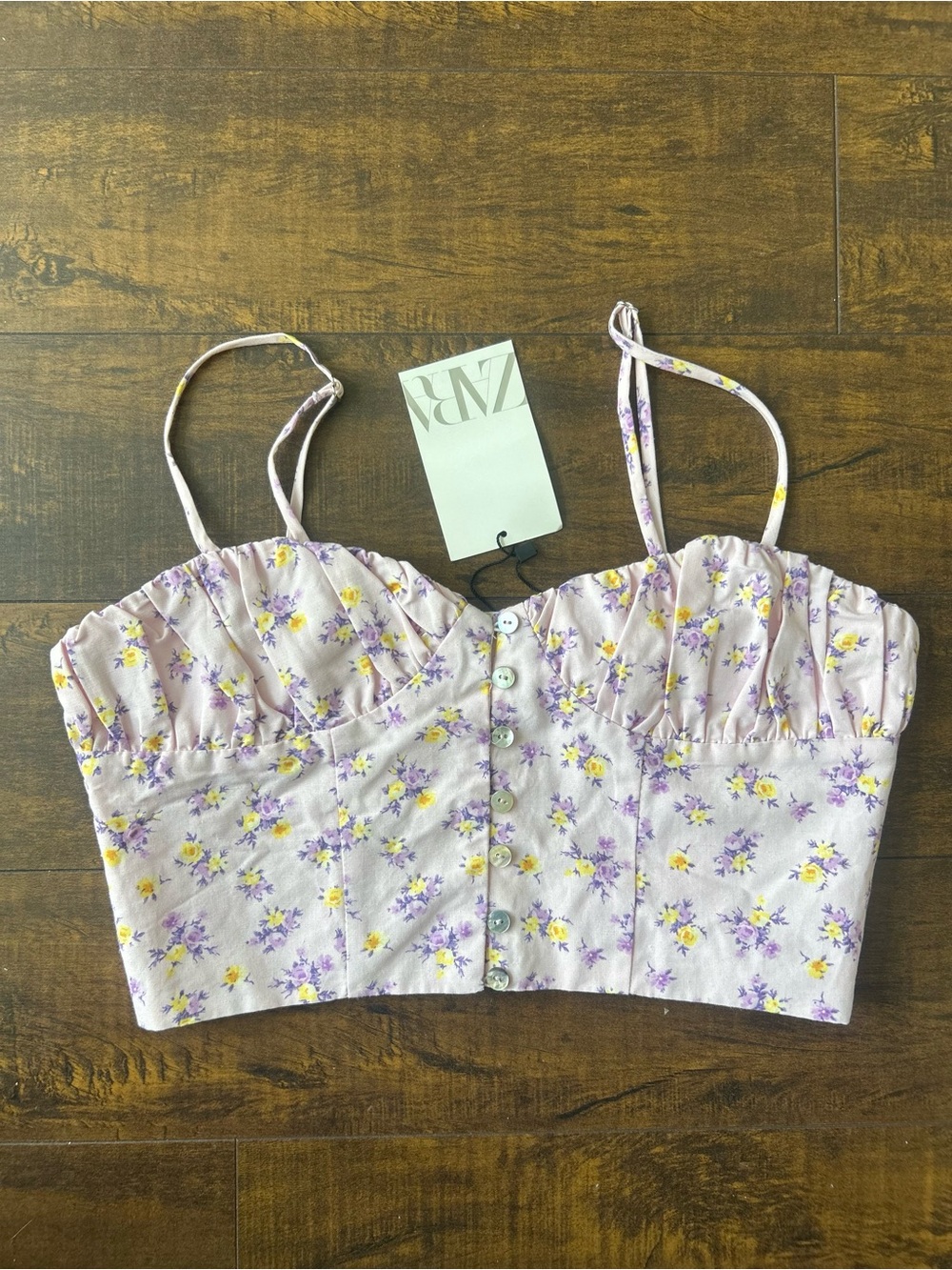 ZARA Lilac Floral Bustier Crop Top with Yellow Accents